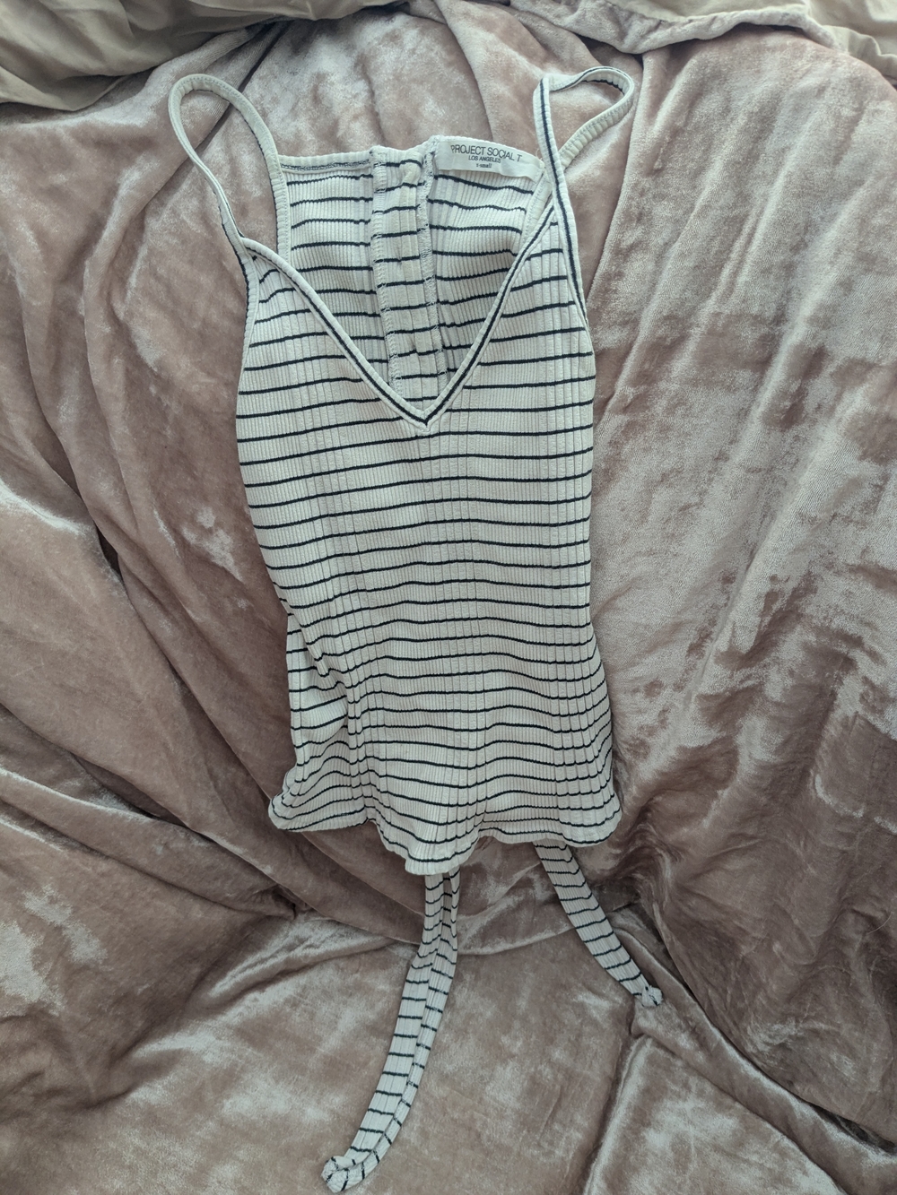 Project Social T Cream & Black Striped Ribbed V-Neck Tie-Waist Tank